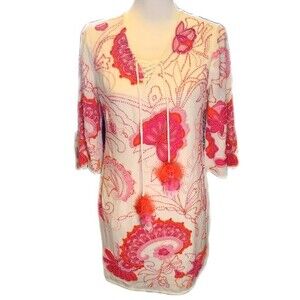 Boston Proper bell sleeve,v-neck, mini dress, white w/hot pink & orange beads XS